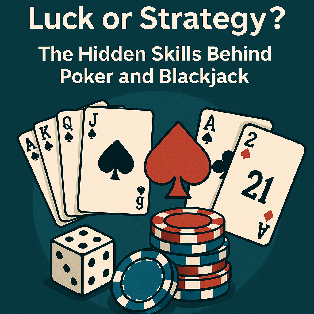 Poker chips and playing cards on a blackjack table illustrating the balance of luck or strategy