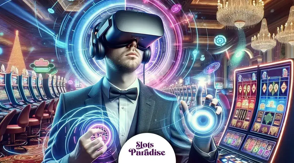 Casino player using augmented reality headset at a slot machine